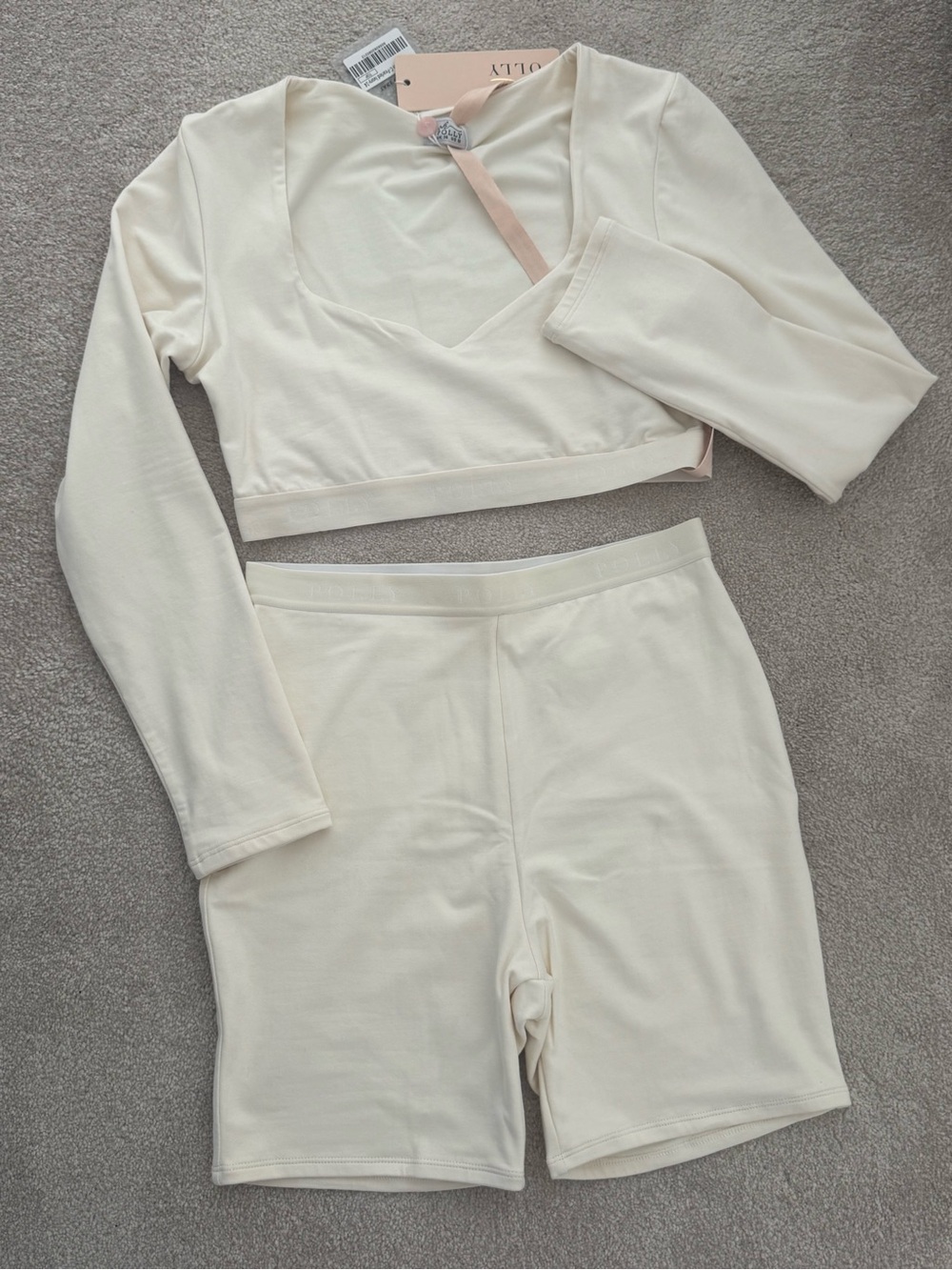 Oh Polly Women's Long Sleeve Crop Top + Shorts Ivory Set - US SZ 14 - L/XL - NWT